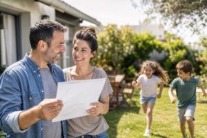 זוג מחזיק שיק גדול מהמדינה בחצר ביתם — החזר מס ביטוח משכנתא מכסה הוצאות נוספות.