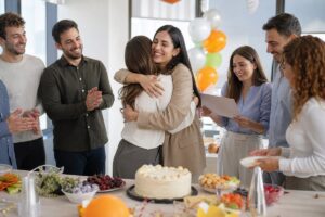אישה מחייכת בחגיגת פרידה בעבודה, מוקפת חברים שמזכירים לה לסיים טופס 161 לקראת החזר מס.