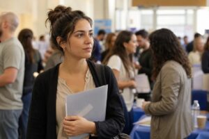 אישה צעירה ביריד תעסוקה אוחזת תיקייה — שנה עם תקופת אבטלה עשויה לזכות בהחזר מס