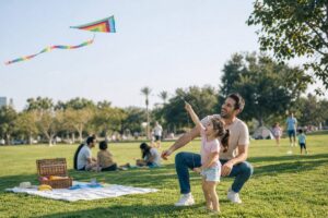 אבא יחיד משחק עם בתו בהנאה בפארק, רגעים שמזכירים את נקודות הזיכוי להורה יחיד.